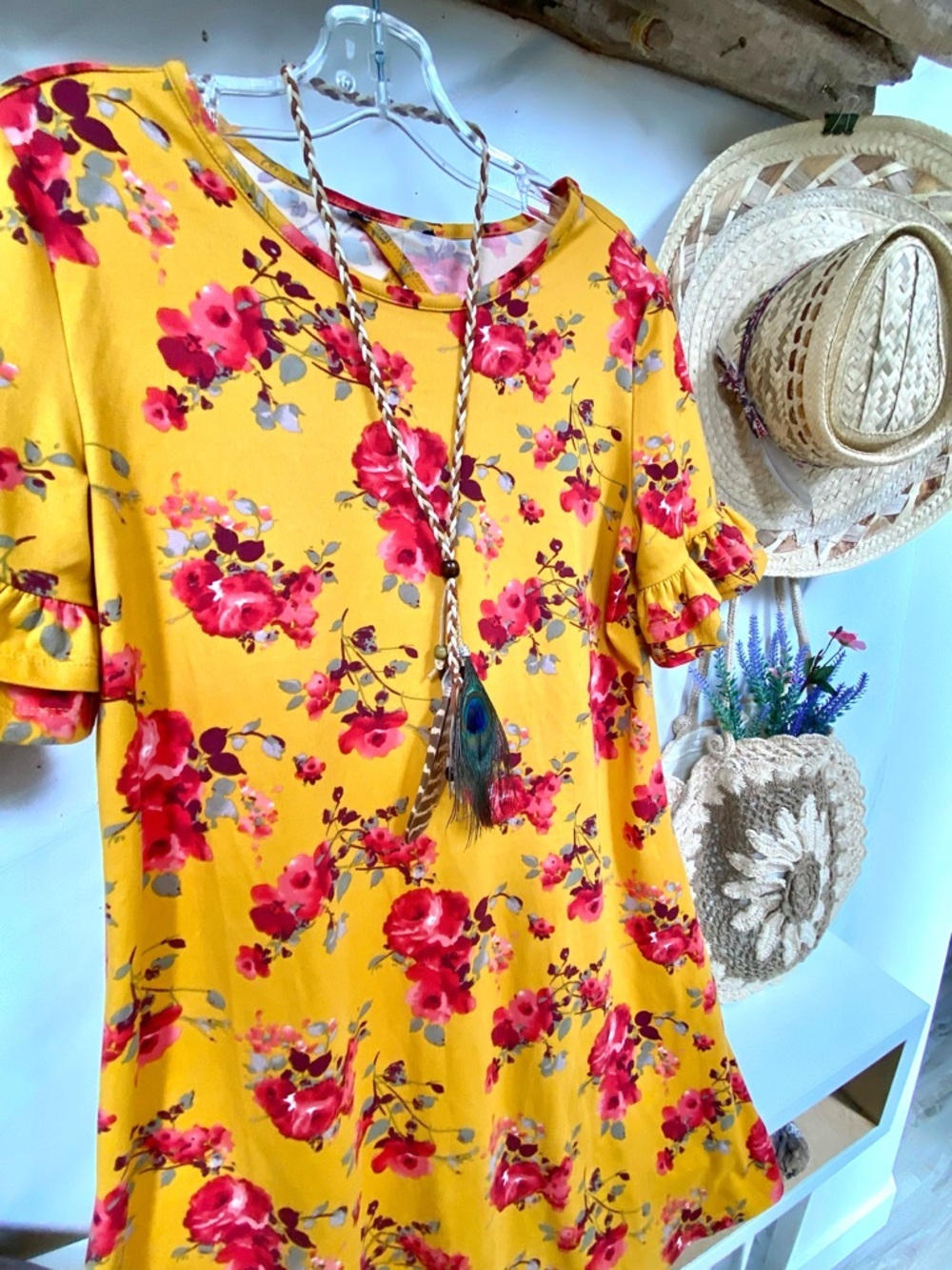 Mustard yellow boho floral dress w ruffles resort vacay beach vibe